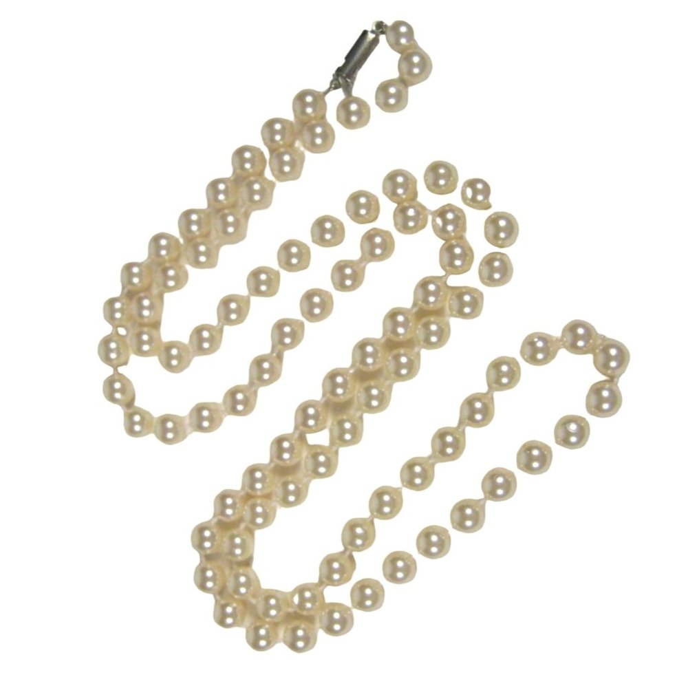 Imitation Pearl Beaded Necklace 36 inch Silvertone Strand Jewelry Retro